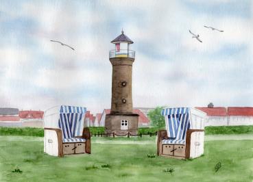 Postkarte DIN-A6 Aquarell Maritim Kunst Druck Kunstdruck Nordsee Amrum Leuchtturm Insel